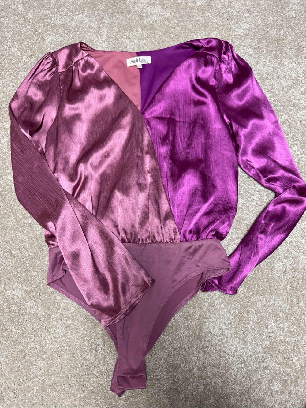 Peach Love California Two-Tone Satin Wrap Bodysuit - Mauve & Fuchsia